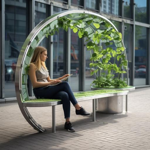 Stainless steel city bench, seat made of moss and plants, ultra-modern with solar panels, USB inputs for charging phones. The bench has a canopy made of glass, resembling a leaf