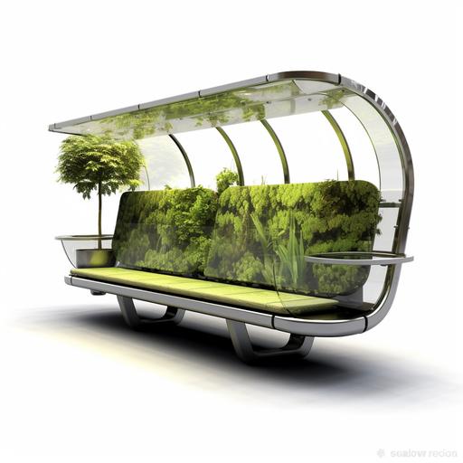 Stainless steel city bench, seat made of moss and plants, ultra-modern with solar panels, USB inputs for charging phones. The bench has a canopy made of glass, resembling a leaf