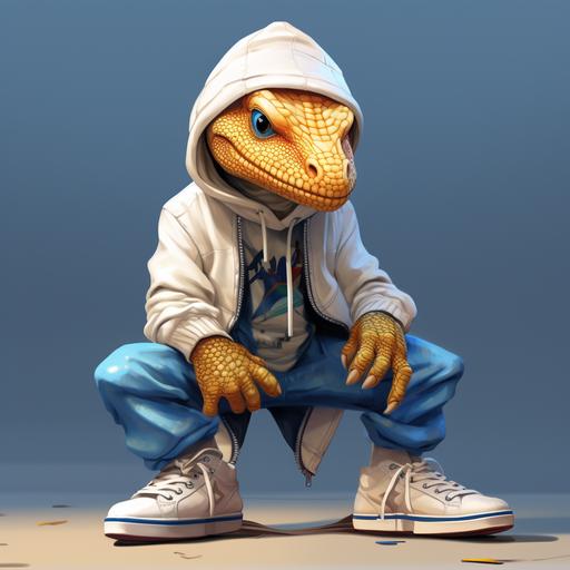 Standing view of a blonde cartoon lizard character, wearing a off white hoodie, nike dunk and a diamondring on his tail. The egoistic attitude oozes from his presona