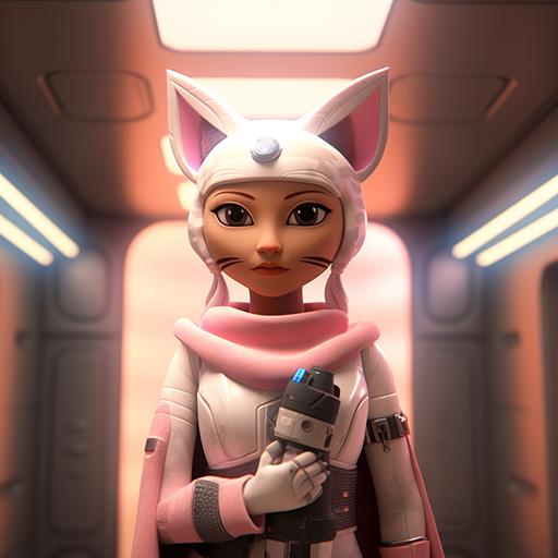 Star Wars Ahsoka Tano standing in an elevator with soft pastel rosa, posing with a hello kitty plush, with fisheye effect with soft dark circle