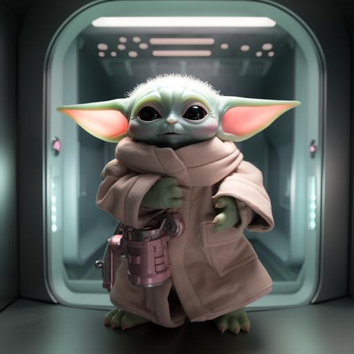 Star Wars Grogu standing in an elevator which has soft pastel rosa colors, holding a hello kitty plush, with fisheye effect with soft dark circle