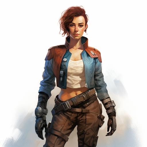 Star Wars character image, female, woman, shirt vest trousers and leather jacket, mohawk, 22 years old, but she can easily be considered younger, short and slim, thin and boyish, heart-shaped face, fair skin and freckles, dark red short uneven hair, heterochromia blue brown, different colored eyes, cream shirt with wide sleeves gathered at the cuffs, a leather vest providing minimal protection, and in colder regions he also throws on a leather jacket lined with sheepskin, Tight trousers/leggings tucked into mid-calf shoes with a low, square heel. The whole is complemented by a belt with a blaster and a wallet attached on the other side with basic items such as credits, steampacks and the like
