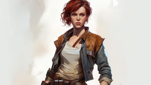 Star Wars character image, female, woman, shirt vest trousers and leather jacket, mohawk, 22 years old, but she can easily be considered younger, short and slim, thin and boyish, heart-shaped face, fair skin and freckles, dark red short uneven hair, heterochromia blue brown, different colored eyes, cream shirt with wide sleeves gathered at the cuffs, a leather vest providing minimal protection, and in colder regions he also throws on a leather jacket lined with sheepskin, Tight trousers/leggings tucked into mid-calf shoes with a low, square heel. The whole is complemented by a belt with a blaster and a wallet attached on the other side with basic items such as credits, steampacks and the like:: Solid white background, watercolors, aeropaints, sole character, single character::  --v 6.0 --ar 16:9