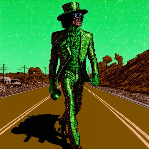 Walter white glam rock, hyper twinkly green glitter everywhere, Green and brown glitter hat and suit, glam metal, 1970s, hot colors, 8k, hyper detailed, full body shot walking down road toward viewer, 3:2