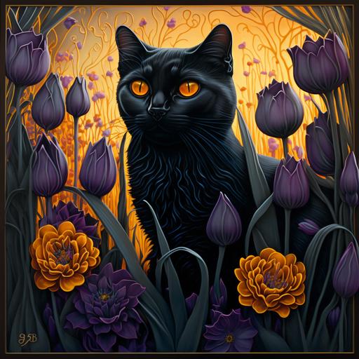 black cat made of carnival glass sitting in a field of marigolds and purple tulips