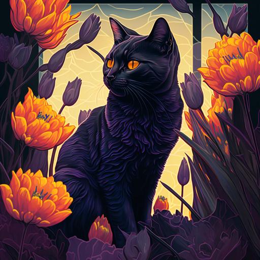 black cat made of carnival glass sitting in a field of marigolds and purple tulips