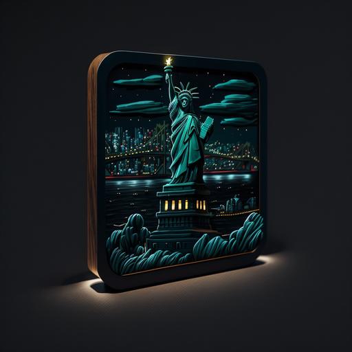 Statue of Liberty animated, cartoon fridge magnet dark mode in lanscape