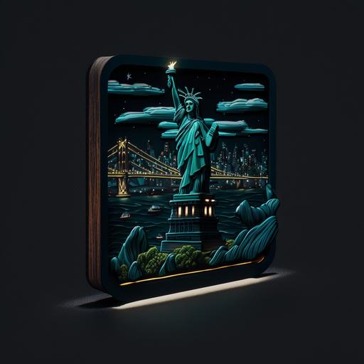 Statue of Liberty animated, cartoon fridge magnet dark mode in lanscape