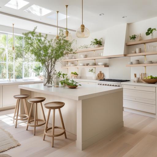 See a bright kitchen with light gray wooden floors. White cabinetry is accented by minimalist gold handles. The countertop is decorated with ceramic bowls in faded greens and beiges, and the island is adorned with woven beige bar stools. Hanging plants in white pots add life, and the backsplash is a delicate, soft beige tile.