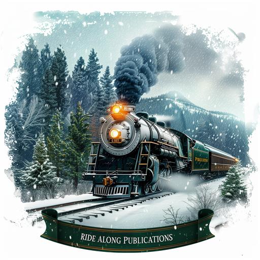 Steam engine and passenger cars peaceful snow. Mountain pine trees logo. 