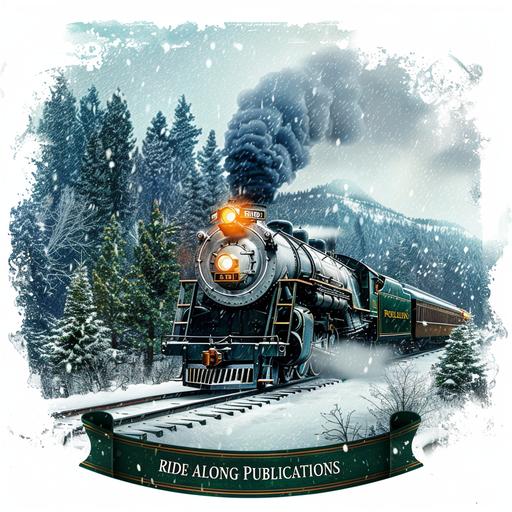 Steam engine and passenger cars peaceful snow. Mountain pine trees logo. 