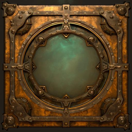 Steampunk Flat wall Panel aged texture, light amber round glass window, verdigris, brass and gold accents, bright shiny gold, square front view, no perspective, cinematic lighting, Bright gold, --upbeta --s 250