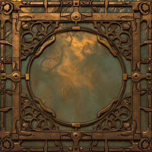 Steampunk Flat wall Panel aged texture, light amber round glass window, verdigris, brass and gold accents, bright shiny gold, square front view, no perspective, cinematic lighting, Bright gold, --upbeta --s 250