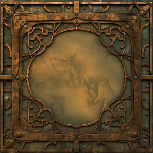 Steampunk Flat wall Panel aged texture, light amber round glass window, verdigris, brass and gold accents, bright shiny gold, square front view, no perspective, cinematic lighting, Bright gold, --upbeta --s 250