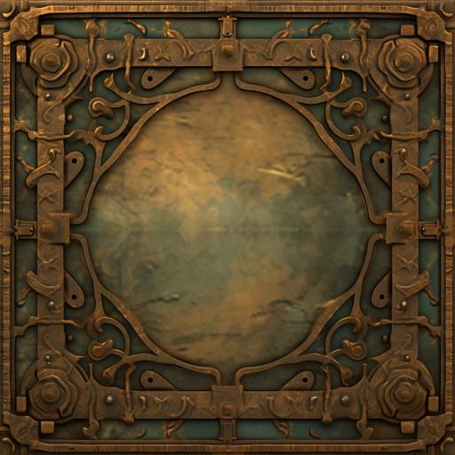 Steampunk Flat wall Panel aged texture, light amber round glass window, verdigris, brass and gold accents, bright shiny gold, square front view, no perspective, cinematic lighting, Bright gold, --upbeta --s 250