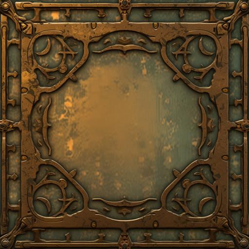 Steampunk Flat wall Panel aged texture, light amber round glass window, verdigris, brass and gold accents, bright shiny gold, square front view, no perspective, cinematic lighting, Bright gold, --upbeta --s 250