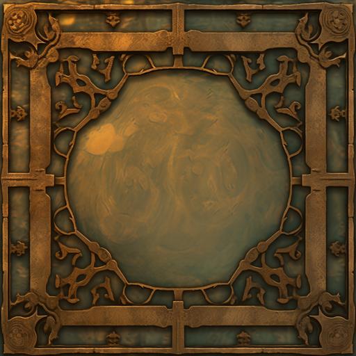 Steampunk Flat wall Panel aged texture, light amber round glass window, verdigris, brass and gold accents, bright shiny gold, square front view, no perspective, cinematic lighting, Bright gold, --upbeta --s 250