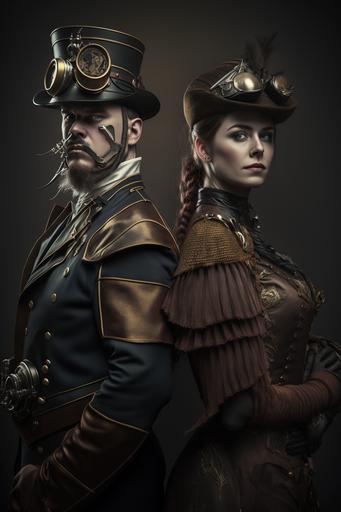 Steampunk army outfit men and women. display stand. dark background. artistic, accurate details. professional lighting, style professional photographer. Artistic Photography::4 creative, Canon EOS 5D Mark IV DSLR, expressive, unique, high-quality, realistic, photo realistic. --ar 2:3