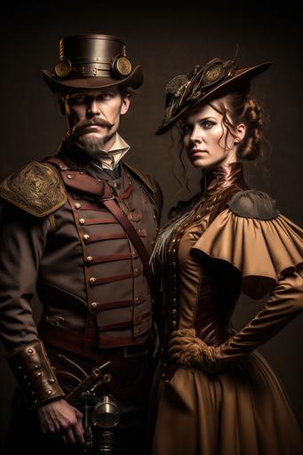 Steampunk army outfit men and women. display stand. dark background. artistic, accurate details. professional lighting, style professional photographer. Artistic Photography::4 creative, Canon EOS 5D Mark IV DSLR, expressive, unique, high-quality, realistic, photo realistic. --ar 2:3