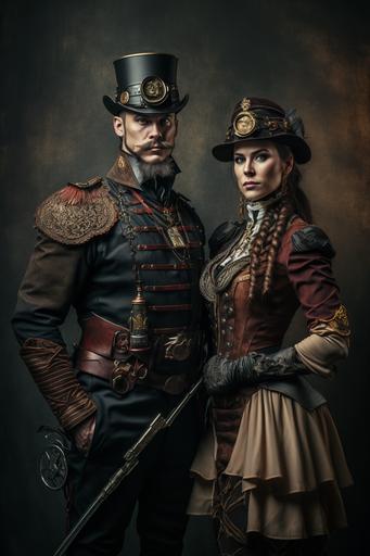 Steampunk army outfit men and women. display stand. dark background. artistic, accurate details. professional lighting, style professional photographer. Artistic Photography::4 creative, Canon EOS 5D Mark IV DSLR, expressive, unique, high-quality, realistic, photo realistic. --ar 2:3