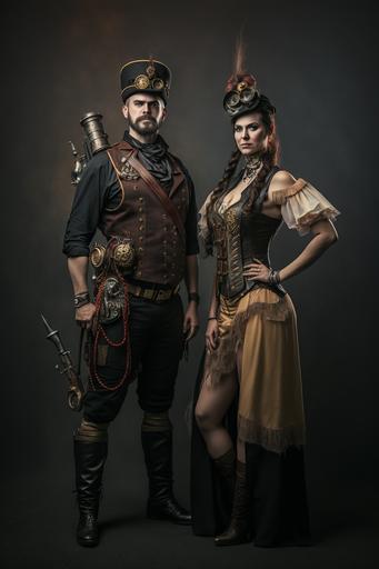 Steampunk army outfit men and women. display stand. dark background. artistic, accurate details. professional lighting, style professional photographer. Artistic Photography::4 creative, Canon EOS 5D Mark IV DSLR, expressive, unique, high-quality, realistic, photo realistic. --ar 2:3