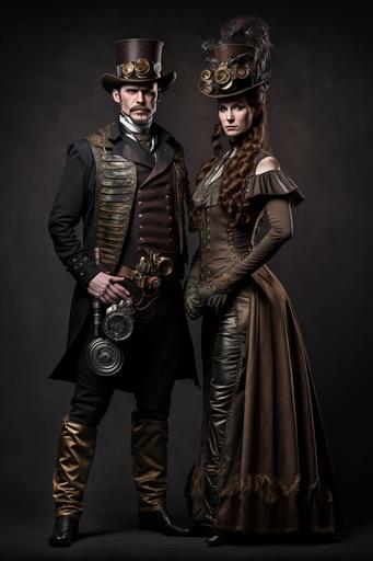 Steampunk party outfit men and women. display stand. dark background. artistic, accurate details. professional lighting, style professional photographer. Artistic Photography::4 creative, Canon EOS 5D Mark IV DSLR, expressive, unique, high-quality, realistic, photo realistic. --ar 2:3