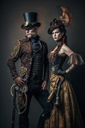 Steampunk party outfit men and women. display stand. dark background. artistic, accurate details. professional lighting, style professional photographer. Artistic Photography::4 creative, Canon EOS 5D Mark IV DSLR, expressive, unique, high-quality, realistic, photo realistic. --ar 2:3