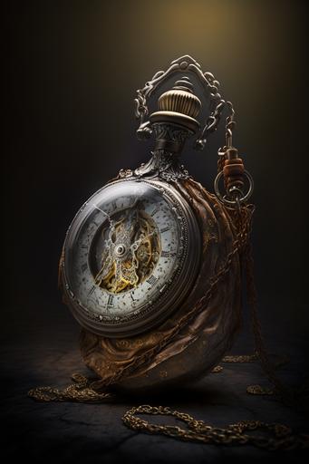 Steampunk pocket watch. display stand. dark background. artistic, accurate details. professional lighting, style professional photographer. Artistic Photography::4 creative, Canon EOS 5D Mark IV DSLR, expressive, unique, high-quality, realistic, photo realistic. --ar 2:3