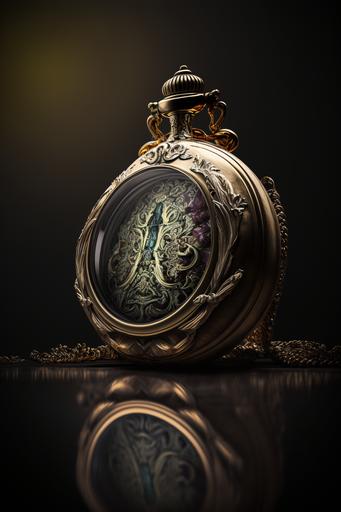Steampunk pocket watch. display stand. dark background. artistic, accurate details. professional lighting, style professional photographer. Artistic Photography::4 creative, Canon EOS 5D Mark IV DSLR, expressive, unique, high-quality, realistic, photo realistic. --ar 2:3
