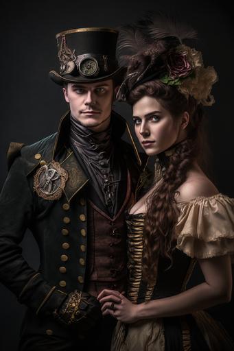 Steampunk prom outfit men and women. display stand. dark background. artistic, accurate details. professional lighting, style professional photographer. Artistic Photography::4 creative, Canon EOS 5D Mark IV DSLR, expressive, unique, high-quality, realistic, photo realistic. --ar 2:3