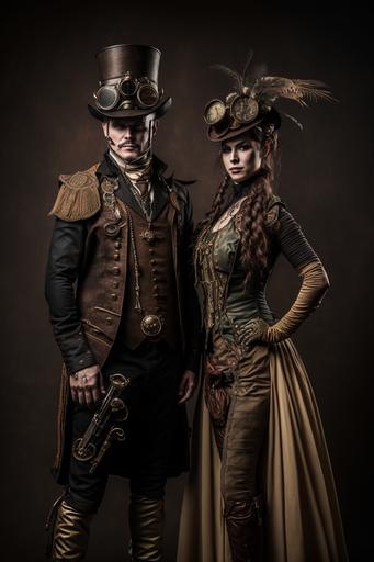 Steampunk prom outfit men and women. display stand. dark background. artistic, accurate details. professional lighting, style professional photographer. Artistic Photography::4 creative, Canon EOS 5D Mark IV DSLR, expressive, unique, high-quality, realistic, photo realistic. --ar 2:3