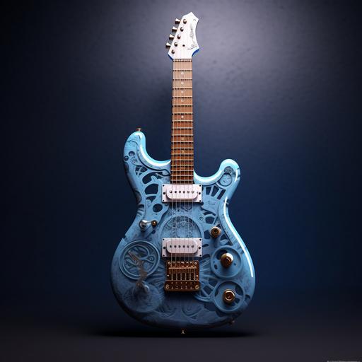 Steampunk translucent blue electric guitar with gears clocks and white smoke