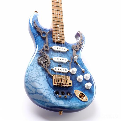 Steampunk translucent blue electric guitar with gears clocks and white smoke