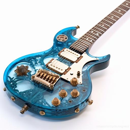 Steampunk translucent blue electric guitar with gears clocks and white smoke