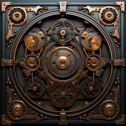 Steampunk victorian Flat wall Panel aged texture, dark brown ornately carved wood, amber glass window, dirty copper accents, front view, no perspective --upbeta --s 250
