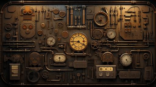 Steampunk wall full of controls, sliders, dials and buttons and a large single-line text input-filed at the center.. --ar 16:9