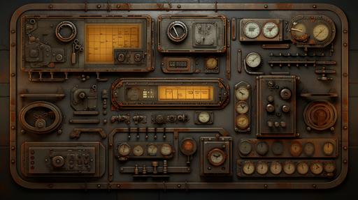 Steampunk wall full of controls, sliders, dials and buttons and a large, empty single-line text input-field at the center.. --ar 16:9