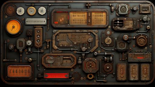 Steampunk wall full of controls, sliders, dials and buttons and a large, empty single-line text input-field at the center.. --ar 16:9