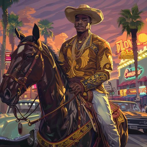 Step into the world of anime-inspired artistry as you bring to life a black male character with full, expressive lips, standing at 5'8 and 240lbs, clad in the ornate attire of a Spanish mariachi band member, riding proudly atop a majestic horse amidst the bustling streets of Compton. Visualize the character's commanding presence, his mariachi costume resplendent with vibrant colors and intricate embellishments. Picture the character's robust frame exuding strength and confidence as he navigates the urban landscape, with iconic lowrider cars, including the classic allure of a 1964 Impala, serving as a striking backdrop. This midjourney encourages you to infuse your artwork with cultural authenticity and dynamic energy, creating a visually compelling depiction of identity and pride.