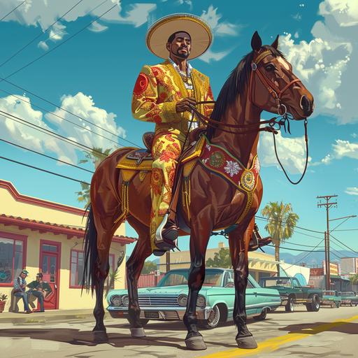 Step into the world of anime-inspired artistry as you bring to life a black male character with full, expressive lips, standing at 5'8 and 240lbs, clad in the ornate attire of a Spanish mariachi band member, riding proudly atop a majestic horse amidst the bustling streets of Compton. Visualize the character's commanding presence, his mariachi costume resplendent with vibrant colors and intricate embellishments. Picture the character's robust frame exuding strength and confidence as he navigates the urban landscape, with iconic lowrider cars, including the classic allure of a 1964 Impala, serving as a striking backdrop. This midjourney encourages you to infuse your artwork with cultural authenticity and dynamic energy, creating a visually compelling depiction of identity and pride.