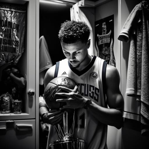 Stephen Curry , Basketball and trophy in his Hands , Blue Jersey, in locker room