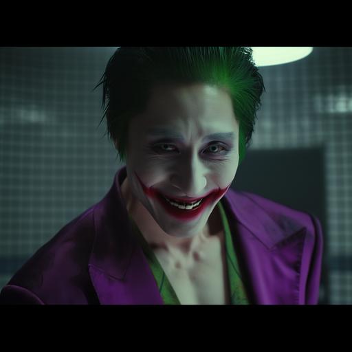 Steven Yeun as a Japanese Geisha-inspired Joker. Fashion resembling dr frank n furter. Full body. Green hair and purple robes. The face makeup resembles geisha makeup. No blue eye shadow. Resembles Jared Leto Joker. He is smiling and the background features a mental hospital room. Directed by George Miller , design and composition by Chung-hoon Chung , cinematic shots, nightmare, gloomy, foreboding, golden ratio, high resolution, photorealistic, cinematic light, cinematic style, full detailing, porta 400 film, high quality, HD, 8k, ray tracing --style raw --v 6.0