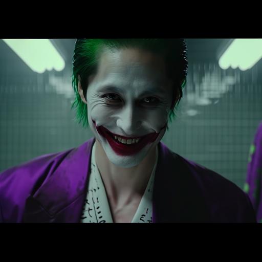 Steven Yeun as a Japanese Geisha-inspired Joker. Fashion resembling dr frank n furter. Full body. Green hair and purple robes. The face makeup resembles geisha makeup. No blue eye shadow. Resembles Jared Leto Joker. He is smiling and the background features a mental hospital room. Directed by George Miller , design and composition by Chung-hoon Chung , cinematic shots, nightmare, gloomy, foreboding, golden ratio, high resolution, photorealistic, cinematic light, cinematic style, full detailing, porta 400 film, high quality, HD, 8k, ray tracing --style raw --v 6.0