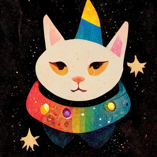 cat with a party hat in space eating a donut wearing a cape with glitter and rainbows