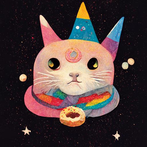 cat with a party hat in space eating a donut wearing a cape with glitter and rainbows