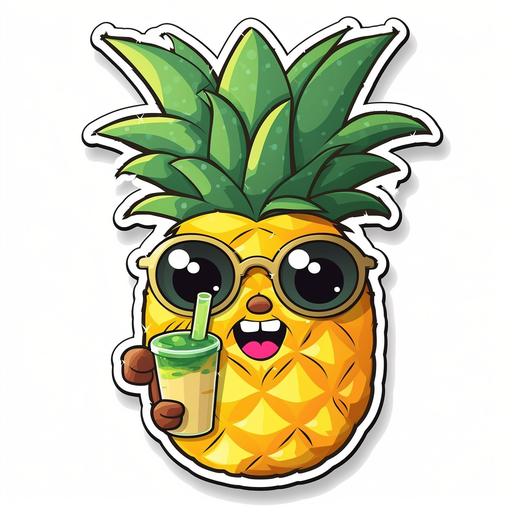 Sticker, Cute Cartoon pineapple with cartoon eyes and sun glasses holding a drink, vector, white background