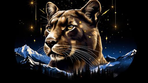 Sticker black background with stars there is a puma's face and mountains can be seen in the background as if they were a vision, near it there is snow and rocks and some trees, everything is epic and ultra-realistic --ar 16:9