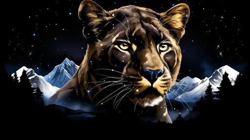 Sticker black background with stars there is a puma's face and mountains can be seen in the background as if they were a vision, near it there is snow and rocks and some trees, everything is epic and ultra-realistic --ar 16:9