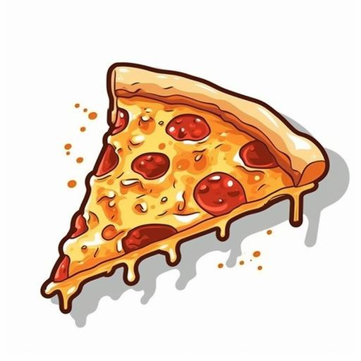 Sticker, cheesy cartoon pizza slice, vector, white background