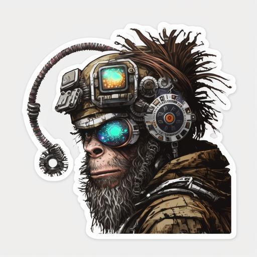 Sticker of a cyber monkey with a beard and helmet with a bionic eye, colorful. --v 4